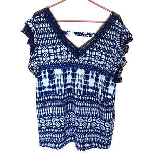 Bobbie Brooks 1X Plus Size Blue White Lace Cut Out Blouse Top Frill Short Sleeve